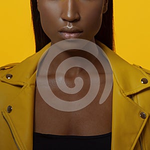 Bright stylish black woman on a yellow background in a yellow leather jacket,