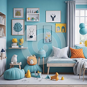 Bright and Stylish, Modern Children\'s Bedroom Concept Design with Stuffed Animals and Toys on the Floor