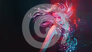 Bright and stylish young woman dancing in club, color light, motion effects