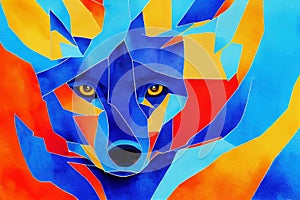 Bright stylized portrait of a wolf. Batik imitation. Front view. AI-generated