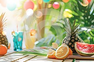 Bright summer backdrop with fresh fruits, colorful ornaments, and tropical foliage bathed in sunlight