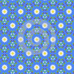 Bright summer botanical pattern with red ladybugs and white daisies isolated on a blue background