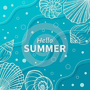 Bright summer card. Beautiful summer poster with seashells and hand written text. Summer holidays cards. Vector illustration