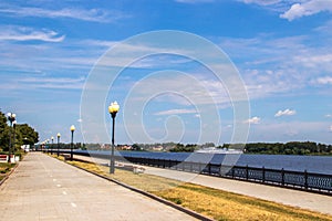 Bright summer day in the Strelka of Yaroslavl Beautiful landscaping of the Park on the embankment of the Volga and Kotorosl in