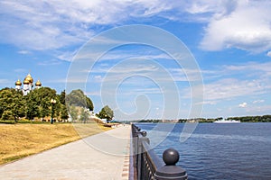 Bright summer day in the Strelka of Yaroslavl Beautiful landscaping of the Park on the embankment of the Volga and Kotorosl in