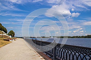 Bright summer day in the Strelka of Yaroslavl Beautiful landscaping of the Park on the embankment of the Volga and Kotorosl in