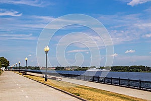 Bright summer day in the Strelka of Yaroslavl Beautiful landscaping of the Park on the embankment of the Volga and Kotorosl in