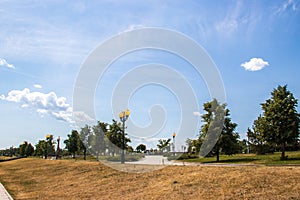 Bright summer day in the Strelka of Yaroslavl Beautiful landscaping of the Park on the embankment of the Volga and Kotorosl in