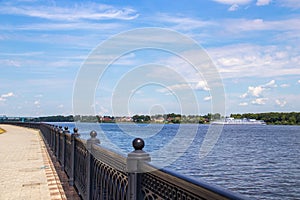 Bright summer day in the Strelka of Yaroslavl Beautiful landscaping of the Park on the embankment of the Volga and Kotorosl in