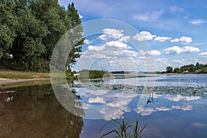 Bright summer day in the Strelka of Yaroslavl Beautiful landscaping of the Park on the embankment of the Volga and Kotorosl in