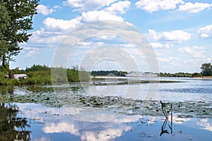 Bright summer day in the Strelka of Yaroslavl Beautiful landscaping of the Park on the embankment of the Volga and Kotorosl in