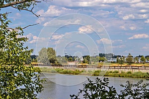 Bright summer day in the Strelka of Yaroslavl Beautiful landscaping of the Park on the embankment of the Volga and Kotorosl in