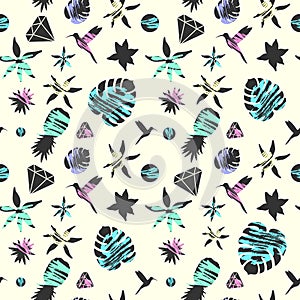 Bright summer fashion seamless pattern with tropical flora and birds in simple flat style. Vector illustration