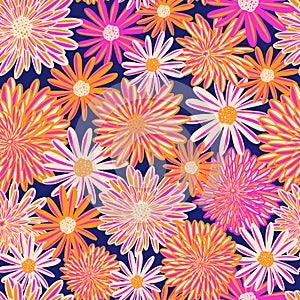 Bright Summer flowers seamless vector pattern. Pink orange white Daisy and Aster flowers on blue background