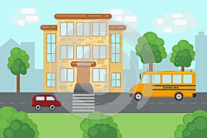 A bright summer illustration depicting a school building with a road near the school. A car and a school bus are driving