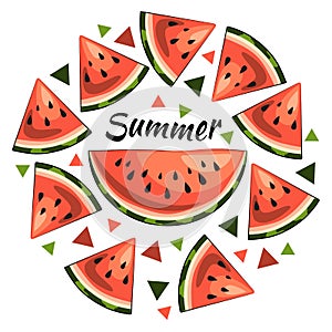 Bright summer  illustration: juicy watermelon slices, summer inscription, triangles.