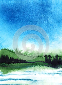 Bright summer landscape on wet paper. Ultramarine sky gradienting to white, green vegetation and wavy surface of water reflecting