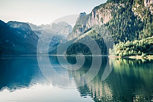 Bright summer scene of Vorderer  Gosausee  lake with Dachstein glacier on background. Attractive morning view of Austrian Alps,