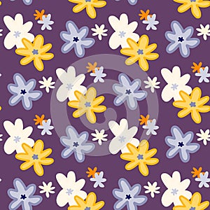 Bright summer seamless patern with chamomile abstract silhouettes on purple background. White, blue and yellow flowers elements