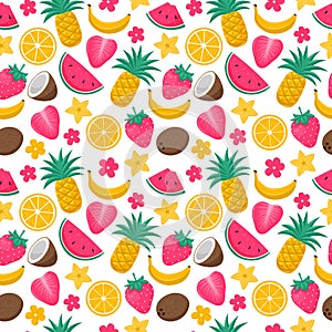 Bright summer seamless pattern with exotic, tropical fruits, berries and flowers. Coconut, pineapple, watermelon, strawberry.