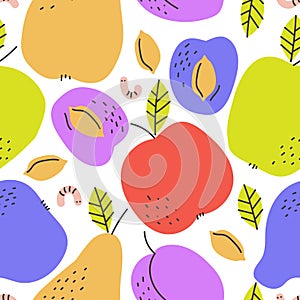 Bright summer seamless pattern with harvest of apples, pears, plums