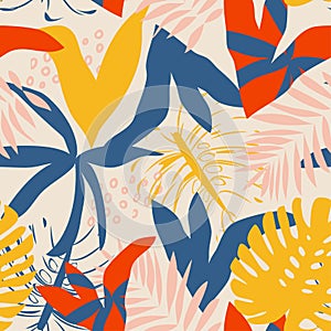 Bright summer tropical seamless pattern with abstract plants on a light background. Vector design. Jungle print. Floral background