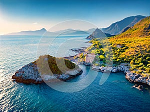 Bright summer view from flying drone of scenic spot - La Secca, Maratea Castrocucco location, Italy, Europe. photo