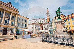 Bright summer view of Tartini Square in old town Piran. Splendid spring morning of Slovenia, Europe. Traveling concept background