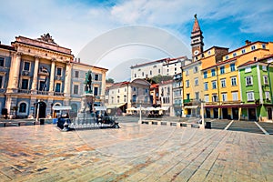 Bright summer view of Tartini Square in old town Piran. Splendid spring morning of Slovenia, Europe. Traveling concept background