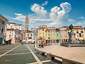 Bright summer view of Tartini Square in old town Piran. Splendid spring morning of Slovenia, Europe. Traveling concept background