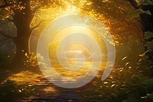Bright sun beams falling through tree branches in autumn park creating soft, mystical golden haze. Generative AI illustration