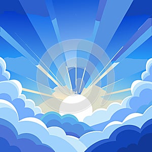 Bright sun bursting through stylized blue clouds with dramatic light rays