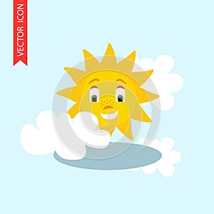 Bright sun and cloud weather icon.