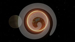 Bright Sun dark sky in Solar System on black background.