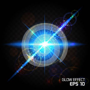 Bright sun flare glow effect, glowing dust explosion. A colorful view of a lens flare on a transparent background. Vector