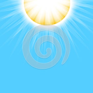 Bright Sun with sun rays on blue sky background. Beautiful sunny banner with sunburst sunbeams. Dazzling sunshine sky