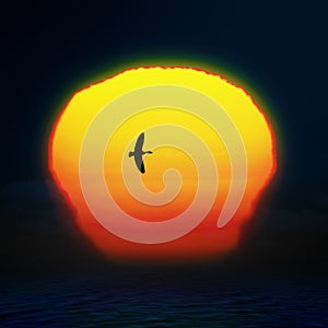 Bright sun on sunset sky