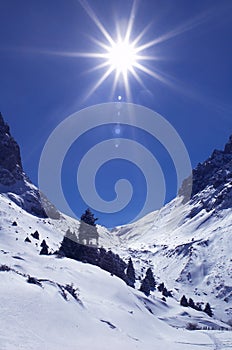 Bright sun in winter mountains