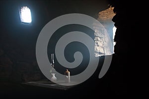 Bright sunlight beam enters an old hay barn