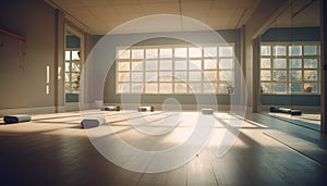 Bright sunlight shines on empty yoga studio generated by AI