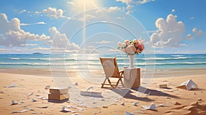 A bright, sunlit beach scene with a \