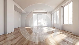 Bright and sunny empty room with hardwood floors and large windows.