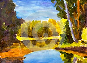 Bright sunny landscape. The painting of the forest is reflected in the water by the river. Autumn on the river etude oil on canvas photo