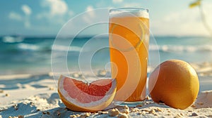 A bright, sunny outdoor scene with a grapefruit-flavored beer in a tall glass, next to a halved grapefruit, on a white