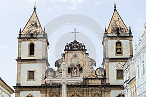 Bright sunny view of the historic tourist center of Pelourinho, Salvador da Bahia, Brazil featuring colorful colonial architecture