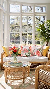 A bright sunroom with a 3D floral wall pattern, paired with wicker furniture