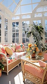 A bright sunroom with a 3D floral wall pattern, paired with wicker furniture