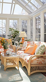 A bright sunroom with a 3D floral wall pattern, paired with wicker furniture