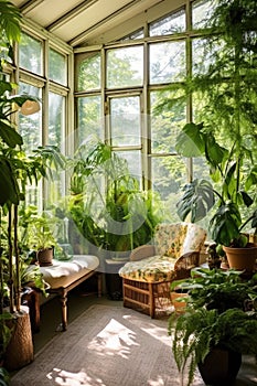 bright sunroom filled with lush green plants