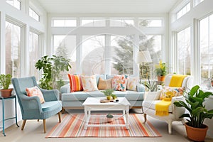 bright sunroom with plants and comfortable seats